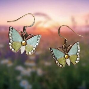 Vintage Gold-Tone Mint & Lime Butterfly Drop Earrings.